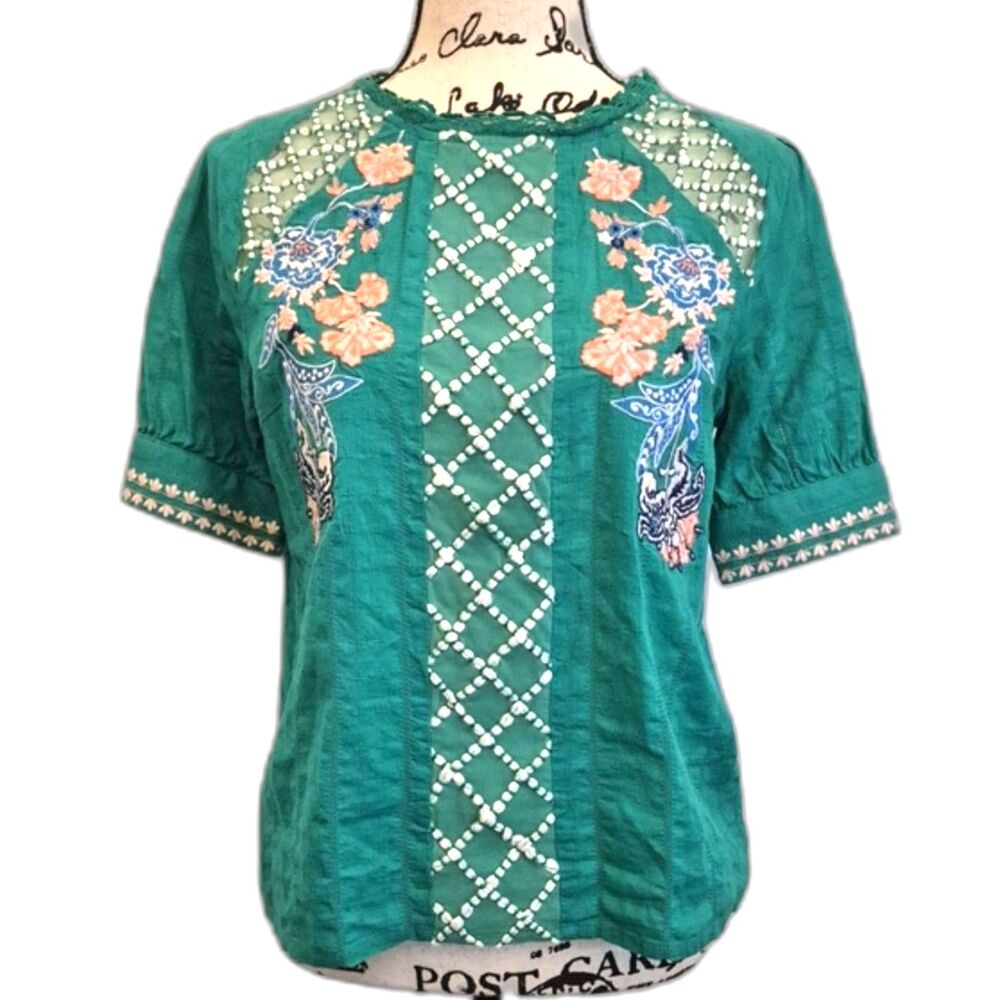 Maeve Anthropologie Perennial Blouse Top Small or 4 Green Embroidered Lace Boho